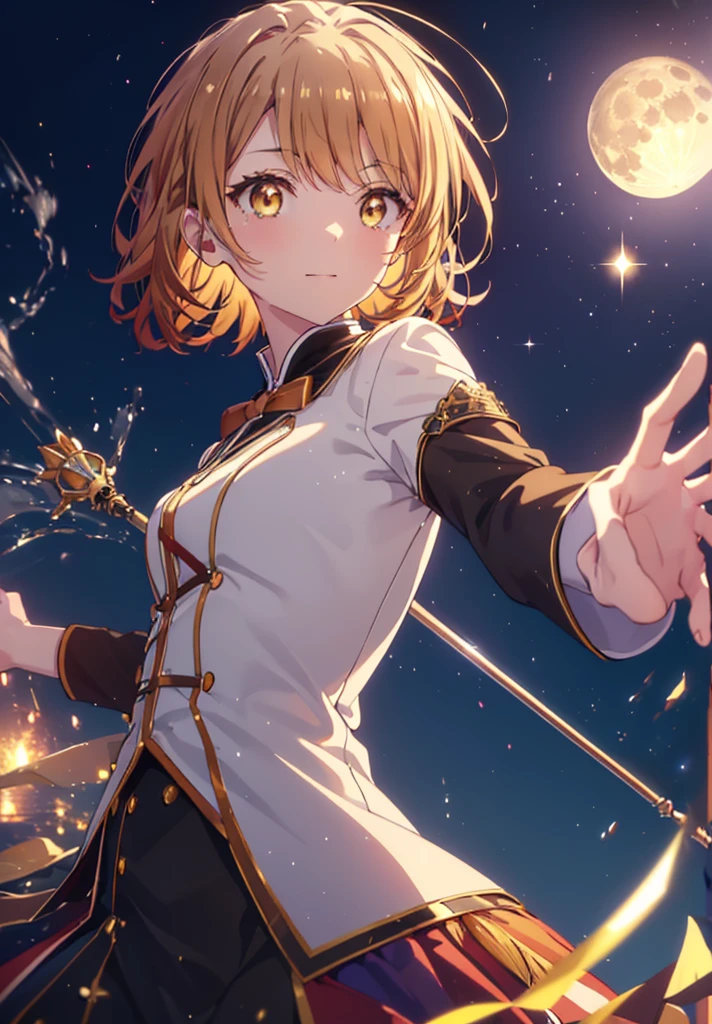 Irohaisshiki, isshiki iroha, short hair, Brown Hair, (Brown eyes:1.5), smile,He has a jeweled staff grip in his open right hand.,((Night Sky)),((Big full moon)),((Sparkling and colorful stars)),Fluffy hair,((Idol style costume with soft volume)),Long skirt,((witch)),
break outdoors, forest,forest
break looking at viewer,Upper Body,
break (masterpiece:1.2), Highest quality, High resolution, unity 8k wallpaper, (shape:0.8), (Narrow and beautiful eyes:1.6), Highly detailed face, Perfect lighting, Highly detailed CG, (Perfect hands, Perfect Anatomy),