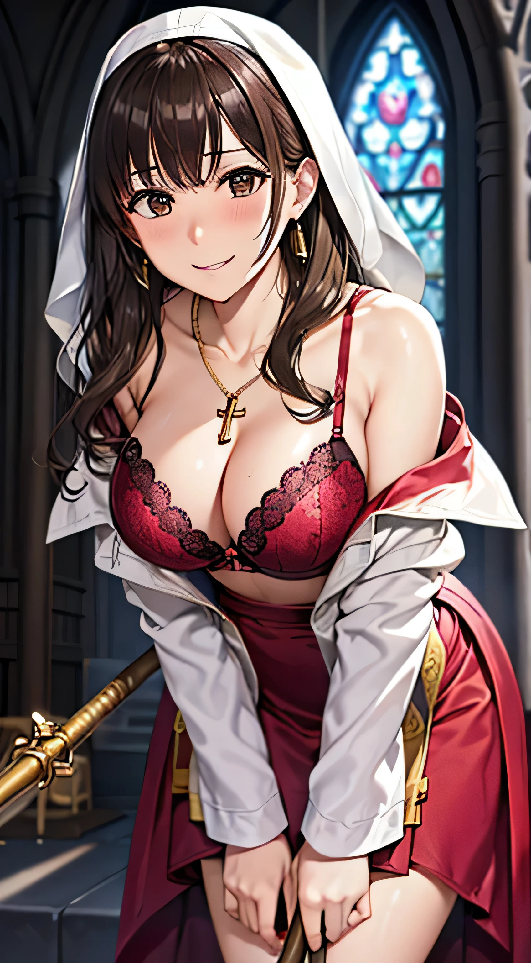 ((Tabletop, Highest quality, High resolution, , Pixel Perfect, 4K,))), 1 female, 、The whole body is visible、 ((Long Wavy Hair, bangs, Brown Hair)), ((Brown eyes, Beautiful eyelashes, Realistic eyes)), ((Detailed face, Blushing:1.2)), ((Smooth texture:0.75, Realistic texture:0.65, Realistic:1.1, Anime CG Style)), Medium sized breasts, Dynamic Angle, Perfect body, (( , , Beautiful Priest、、 Priest off-shoulder jacket、Priest Flare Skirt、、)), Gold Hair Ornament、Cross Necklace、Earrings、Very embarrassing panic smile, 、Gorgeous church basilica、、Hold a big Bible、Leaning forward、Stick your butt out、Lacy pink bra、、、、、 、Angle from below)、