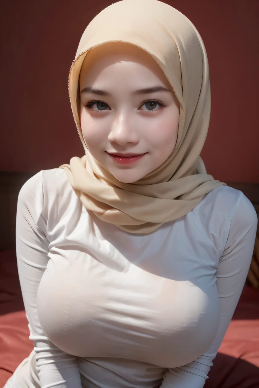 adorable, 1 girl, (face to face), , baby face, hf body portrait, (face details: 1), (eye details: 1), ((big breasts)). wearing white long shirt, hijab, .. Cute posed. proportional body. Ultra High Res. realistic: 1.4, UHD