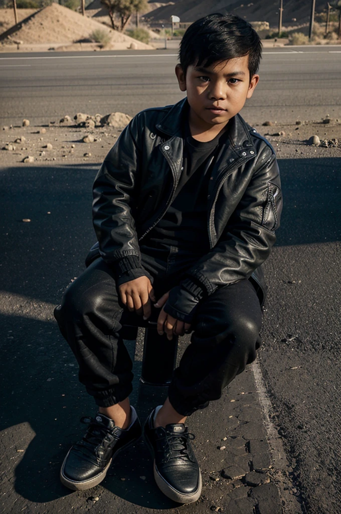 an Indonesian chubby boy, 10yo, oval face, crewcut hair, wearing a black jacket and ripped black trousers, black shoes and black gloves is sitting on a Harley Davidson motorbike against the background of a highway in the desert, super realistic, cinematic full hd 8k.