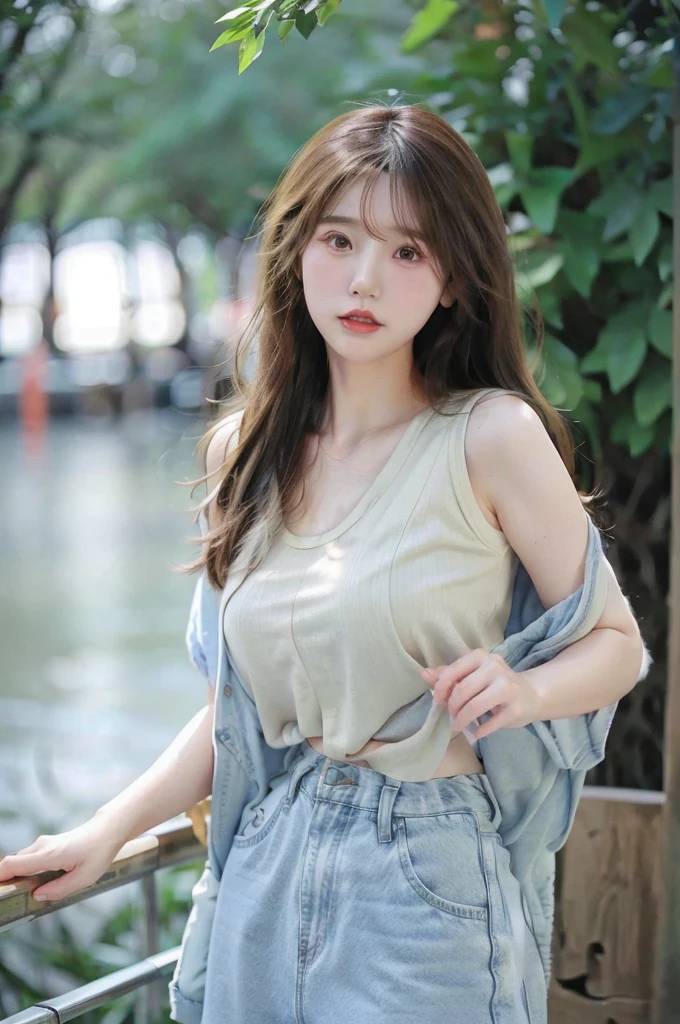 A young Japanese woman with big breasts and long wavy brown hair, wearing a white T-shirt and short denim jeans, standing in a park by the sea. Extremely detailed beautiful face, cinematic photo.