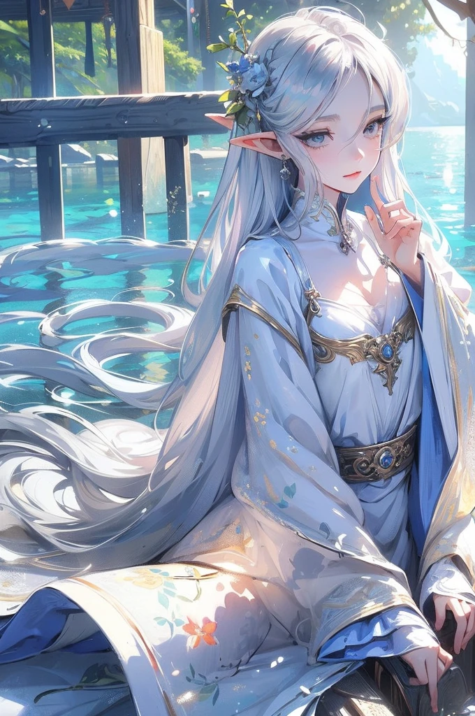 ((Highest quality)), ((masterpiece)), (detailed), One girl, The background is the sea、The weather was sunny.、Silver hair straight long hair、Parallel thin eyebrows、Double droopy eyes、Thin lips、Small nose、Blue Eyes、Long eyelashes、Delicate appearance、Illustration seen from the front、The facial expression is a closed-mouth smile.、Beautiful, realistic illustrations、A white dress with little exposure、Elf、