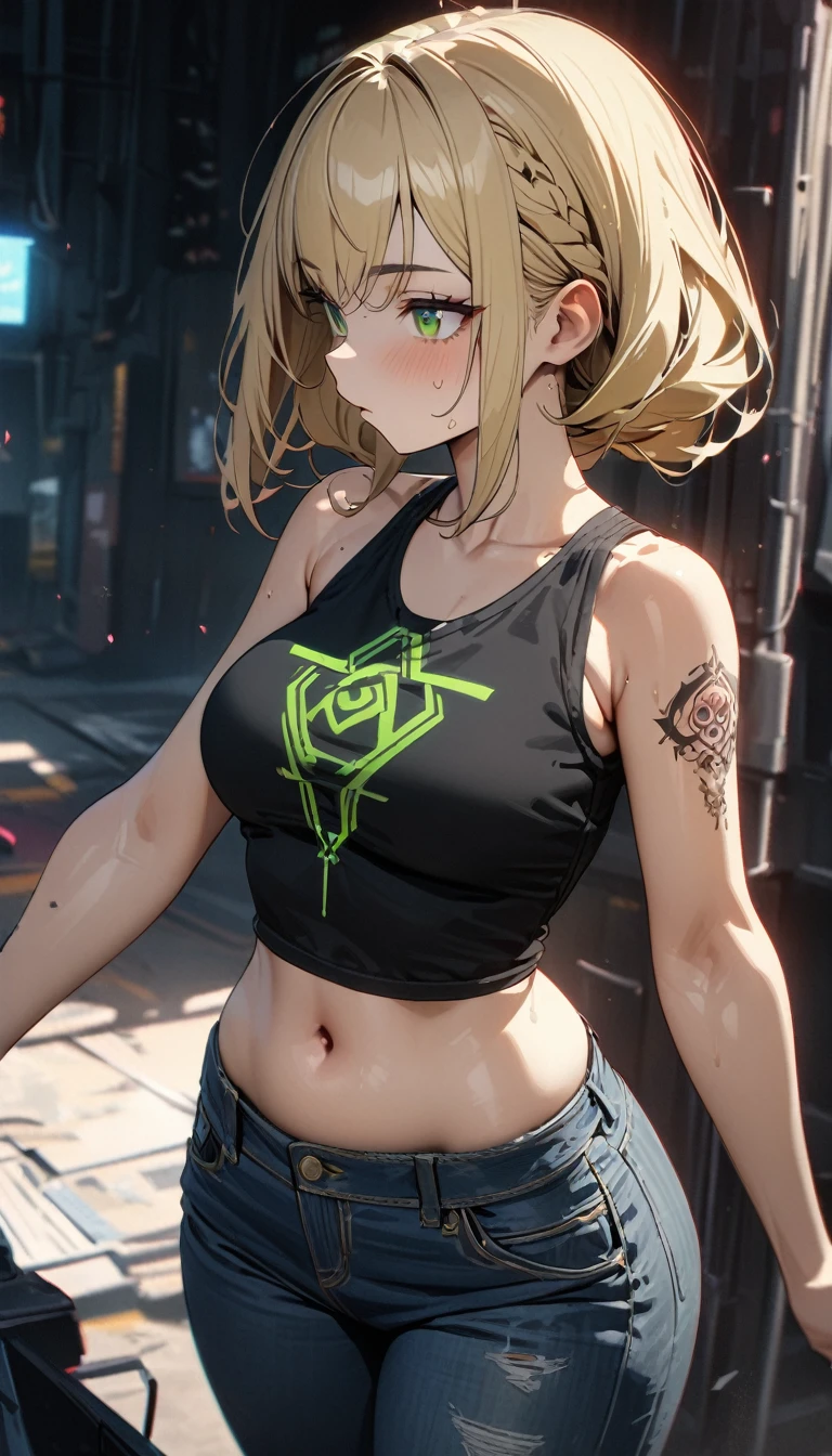 Adult woman, long blonde hair, braid, green eyes, cyberpunk tanktop, jeans, short stature, dwarf girl, little fat, shaman tattoo, Masterpiece, best quality, Full HD, 8k, ultra details, great graphic