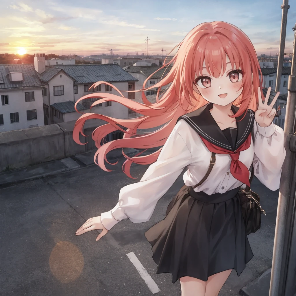 one girl,light red hair,white blouse,black long skirt,smiling face,V pose,school rooftop background,sunset time,I'm looking straight ahead.