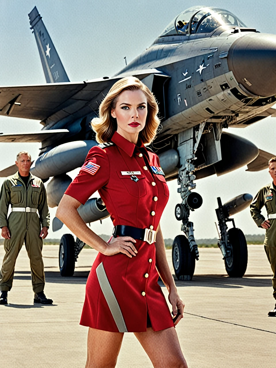 Movie Cover Image,Like a Real Person,Polite Dress,War War Fighter Action Cover Image),(Movie Reference Foundation : 1.8 ),Realistic,White Air Force General Uniform,(Realistic Face Resolution),Cinematic Poses,Adult,Skinny,Small,1 Woman with Dark Blonde Hair,Serious Face,Science Fiction,Sci-Fi,Different Characters change red drees