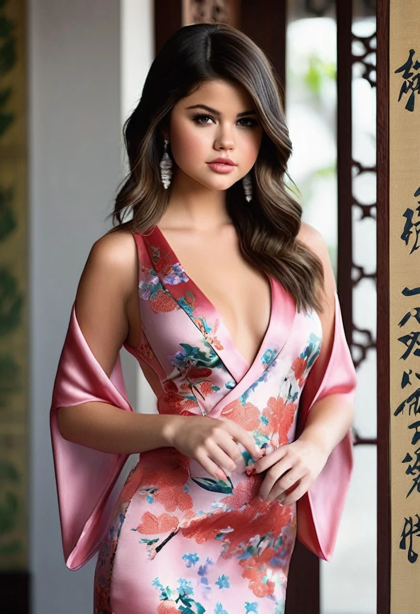 Beautiful  18 year old selena gomez, silk qipao, photorealistic, masterpiece, tight clothes, large breasts, lipstick, beautiful face, seductive, cute, silk kimono,