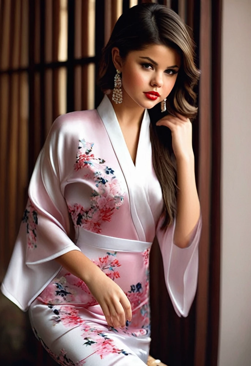 Beautiful  18 year old selena gomez, silk qipao, photorealistic, masterpiece, tight clothes, large breasts, lipstick, beautiful face, seductive, cute, silk kimono,