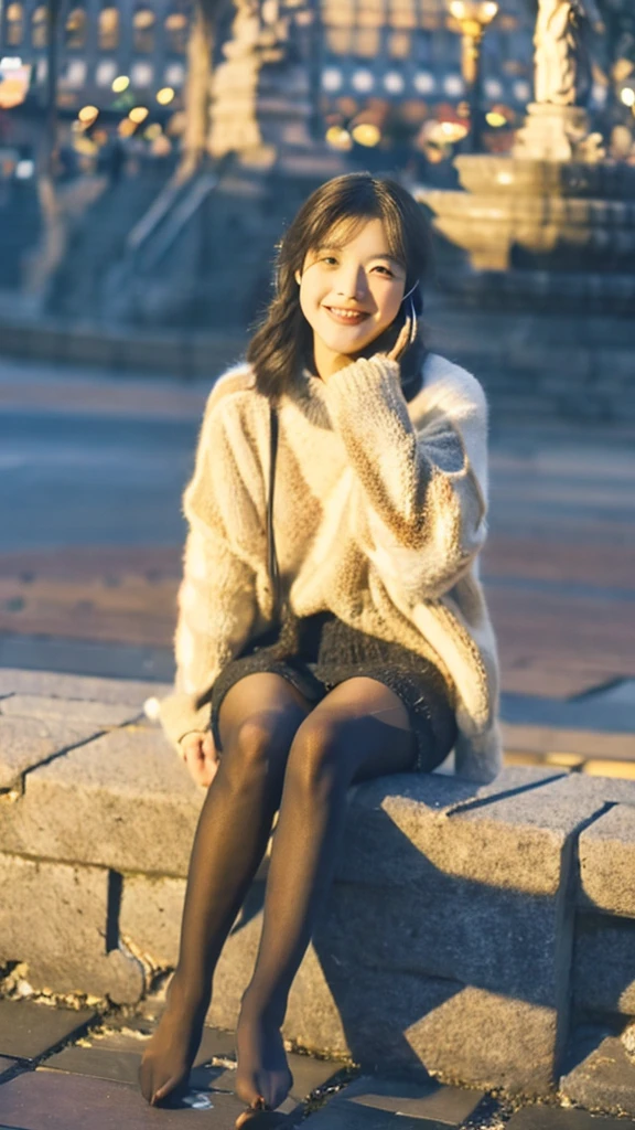 Urzan-6500-v1.1, (RAW Photos:1.2), (Photorealistic), Beautiful detailed woman, (Genuine: 1.4), Very detailed目と顔, Beautiful and fine details, ((The illuminated square is very beautiful at night.:1.5)), (( Mid-winter sweater:1.3, Ultra-realistic pantyhose:1.2))、Selfie、Instagram、game_Hmph, Large file size, High resolution, Very detailed, Highest quality, [masterpiece:1.6], Awareness-raising, Very detailed, Hmph, In detail, Highest quality, 8k wallpaper, Cinema Lighting, 1 Female, Age 25, Perfect figure, Cute droopy eyes、Beautiful big eyes、Pieck Finger, ((Tabletop)), Highest quality, 1 Female, eye shadow,  Portraiture, ((Full Body Shot:1.4))、(A very loving smile:1.2)、Realistic skin texture、Glowing Skin、Exposed thighs!!! City Cobblestones Japanese girl in her 20s listening to music with earphones Sad profile