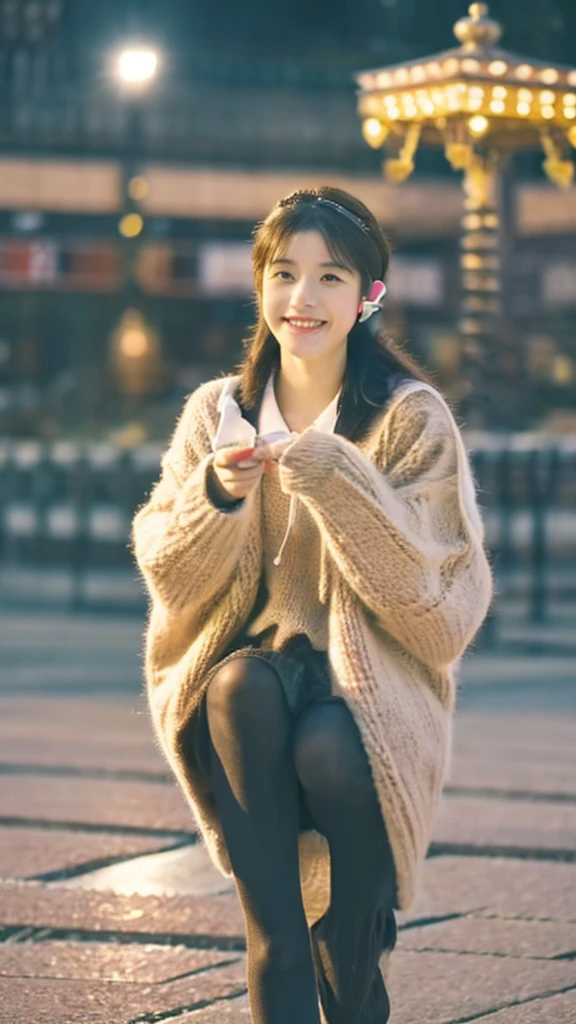 Urzan-6500-v1.1, (RAW Photos:1.2), (Photorealistic), Beautiful detailed woman, (Genuine: 1.4), Very detailed目と顔, Beautiful and fine details, ((The illuminated square is very beautiful at night.:1.5)), (( Mid-winter sweater:1.3, Ultra-realistic pantyhose:1.2))、Selfie、Instagram、game_Hmph, Large file size, High resolution, Very detailed, Highest quality, [masterpiece:1.6], Awareness-raising, Very detailed, Hmph, In detail, Highest quality, 8k wallpaper, Cinema Lighting, 1 Female, Age 25, Perfect figure, Cute droopy eyes、Beautiful big eyes、Pieck Finger, ((Tabletop)), Highest quality, 1 Female, eye shadow,  Portraiture, ((Full Body Shot:1.4))、(A very loving smile:1.2)、Realistic skin texture、Glowing Skin、Exposed thighs!!! City Cobblestones Japanese girl in her 20s listening to music with earphones Sad profile