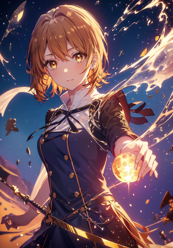Irohaisshiki, isshiki iroha, short hair, Brown Hair, (Brown eyes:1.5), smile,He has a jeweled staff grip in his open right hand.,((Night Sky)),((Big full moon)),((Sparkling and colorful stars)),Fluffy hair,((Idol style costume with soft volume)),Long skirt,((witch)),ability　inflammation,
break outdoors, forest,forest
break looking at viewer,Upper Body,
break (masterpiece:1.2), Highest quality, High resolution, unity 8k wallpaper, (shape:0.8), (Narrow and beautiful eyes:1.6), Highly detailed face, Perfect lighting, Highly detailed CG, (Perfect hands, Perfect Anatomy),