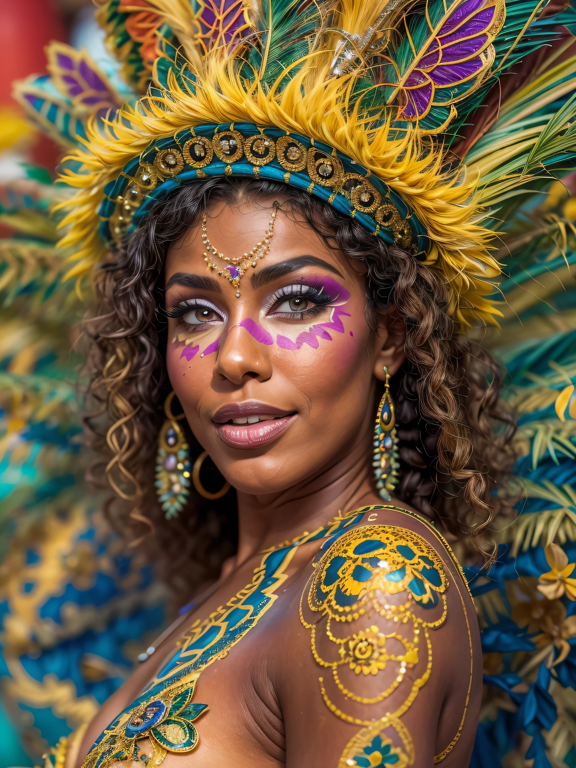 Amazing and ultra hot Brazilian transgender woman celebrating life in carnival,(bzccostume), bodypaint, ultra hot, she is ultra hot and sexy body, she has amazing figure, delicious round booty,((body painted body1.4)),small natural breast, beautiful gaze, happy smile, curly hair, latina transgender, shemale, sexy shemale, Carnival in Brazil, detailed background, depth in vision