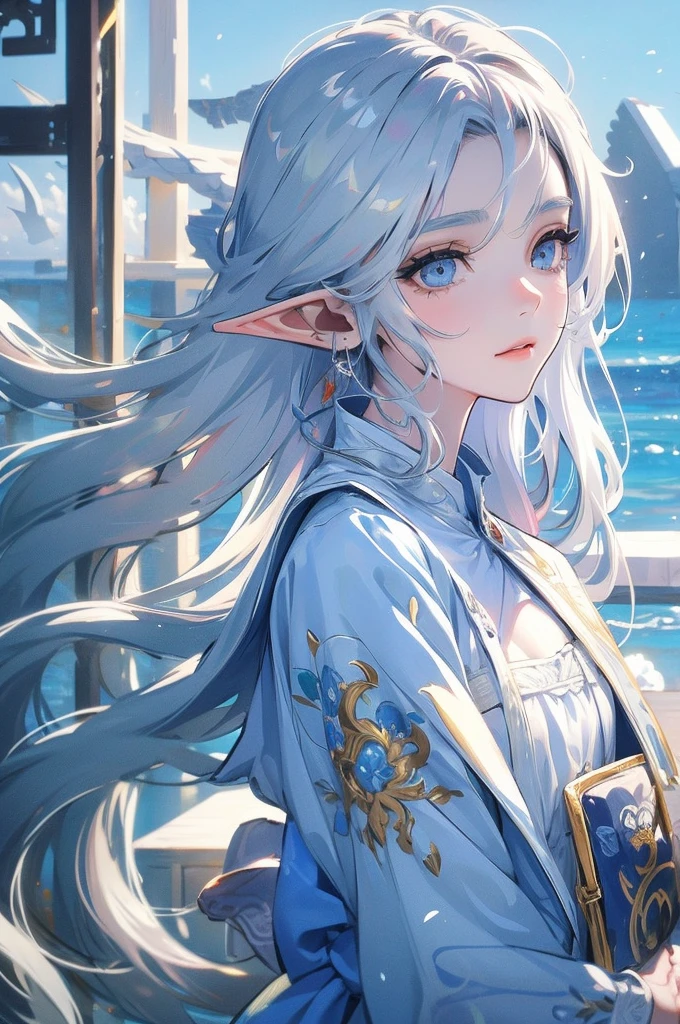 ((Highest quality)), ((masterpiece)), (detailed), One girl, The background is the sea、The weather was sunny.、Silver hair straight long hair、Parallel thin eyebrows、Double droopy eyes、Thin lips、Small nose、Blue Eyes、Long eyelashes、Delicate appearance、Illustration seen from the front、The facial expression is a closed-mouth smile.、A white dress with little exposure、Elf、