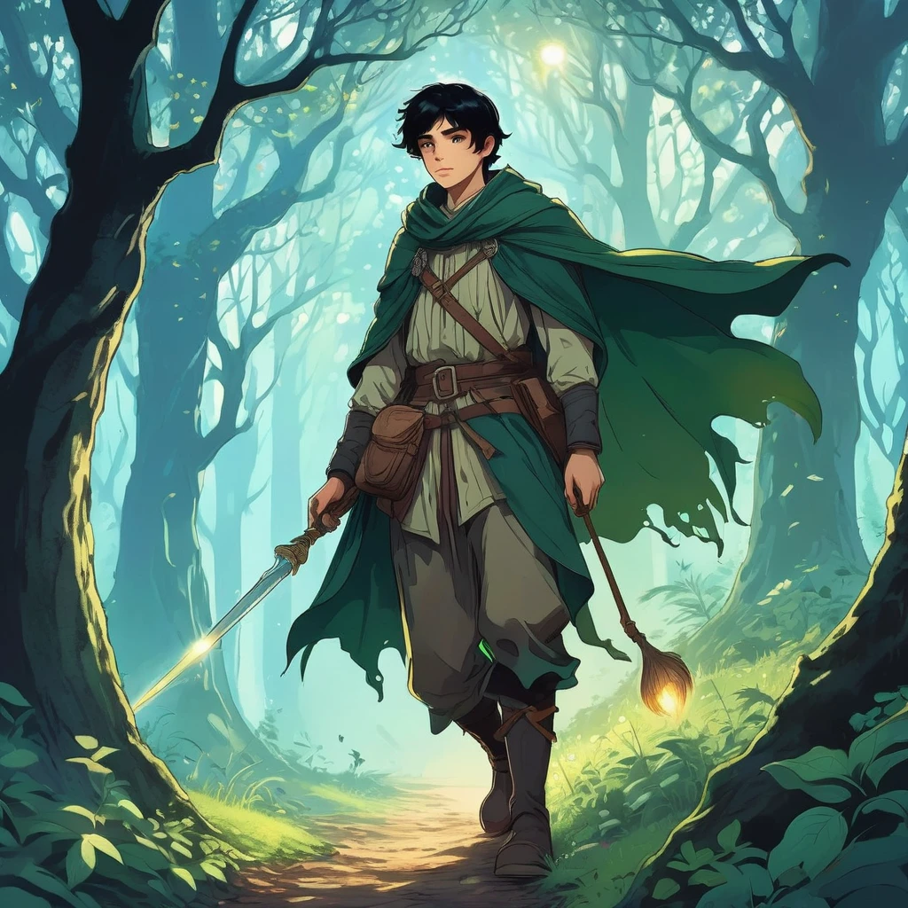 As the first light of dawn breaks through the canopy of the enchanted forest, a black-haired boy, dressed in a simple medieval farmer's outfit, walks cautiously along a narrow, winding path. His clothes are worn but sturdy, a testament to his life of hard work and resilience.
The forest around him is alive with magic—glowing fungi illuminate the underbrush, ethereal wisps float gently through the air, and ancient trees whisper secrets in a language long forgotten. Every step he takes is accompanied by the rustling of leaves and the distant calls of mystical creatures.
With each step deeper into the heart of the forest, the boy, known as Rowan, feels a strange pull, as if the forest itself is guiding him towards an unknown destiny. Armed with nothing but his determination and a sense of wonder, he embarks on a journey that will lead him to uncover ancient mysteries, face formidable challenges, and perhaps discover his true purpose in a world where magic and reality intertwine