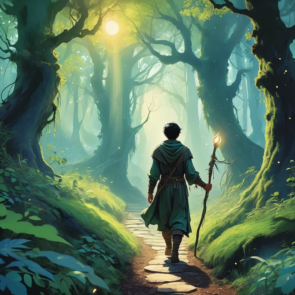 As the first light of dawn breaks through the canopy of the enchanted forest, a black-haired boy, dressed in a simple medieval farmer's outfit, walks cautiously along a narrow, winding path. His clothes are worn but sturdy, a testament to his life of hard work and resilience.

The forest around him is alive with magic—glowing fungi illuminate the underbrush, ethereal wisps float gently through the air, and ancient trees whisper secrets in a language long forgotten. Every step he takes is accompanied by the rustling of leaves and the distant calls of mystical creatures.

With each step deeper into the heart of the forest, the boy, known as Rowan, feels a strange pull, as if the forest itself is guiding him towards an unknown destiny. Armed with nothing but his determination and a sense of wonder, he embarks on a journey that will lead him to uncover ancient mysteries, face formidable challenges, and perhaps discover his true purpose in a world where magic and reality intertwine
