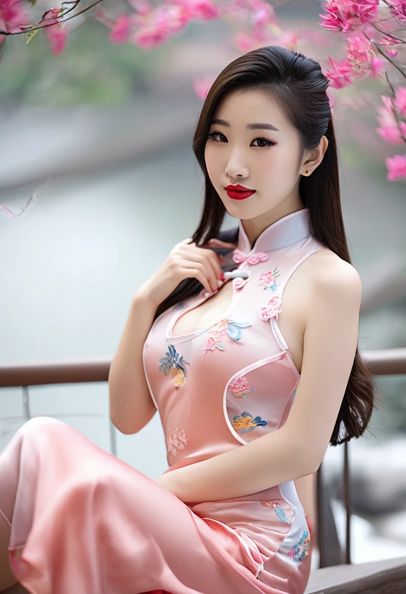 Beautiful Chinese 18 year old woman, silk qipao, photorealistic, masterpiece, tight clothes, large breasts, lipstick, beautiful face, seductive, cute, 