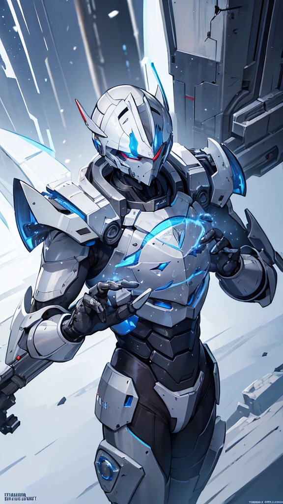 (((masterpiece))),16K,best quality,, 1 Boy, armor, bodysuit, clasped hands, full armor, luminescent, luminescent eyes, helmet, Male focus, , power armor, alone, Permanent,Snow falling all around,Doomsday,Gray mecha,urban ruins