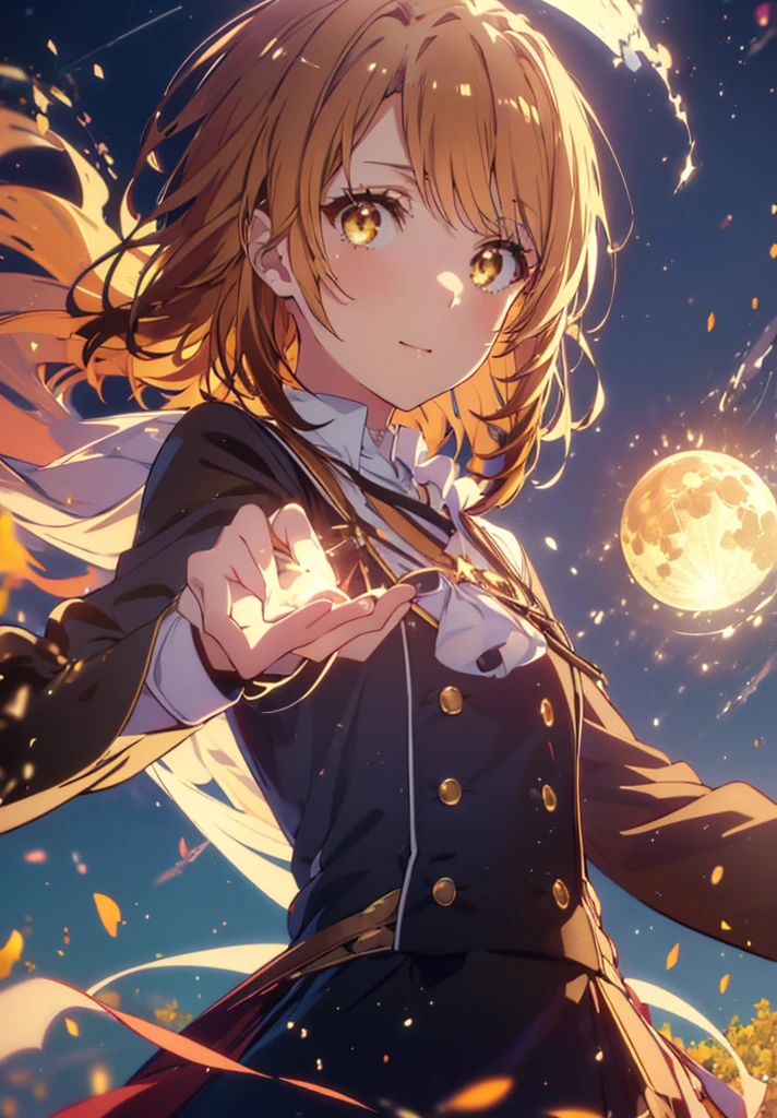 Irohaisshiki, isshiki iroha, short hair, Brown Hair, (Brown eyes:1.5), smile,Open your mouth,((Night Sky)),((Big full moon)),((Sparkling and colorful stars)),Fluffy hair,((Idol style costume with soft volume)),Long skirt,((witch)),In his right hand he possesses a jeweled staff grip.,
break outdoors, forest,forest
break looking at viewer,Upper Body,
break (masterpiece:1.2), Highest quality, High resolution, unity 8k wallpaper, (shape:0.8), (Narrow and beautiful eyes:1.6), Highly detailed face, Perfect lighting, Highly detailed CG, (Perfect hands, Perfect Anatomy),