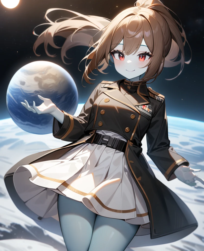 1girl,solo,red eyes,((brown hair:1.5)),ponytail,((pale green skin)), black military coat, white skirt, white shirt,cowboy shot,on moon, blue and grey ringed planet in sky,Science fiction,ultra-detailed,sharp focus,aesthetic,(best quality) smiling, giantess