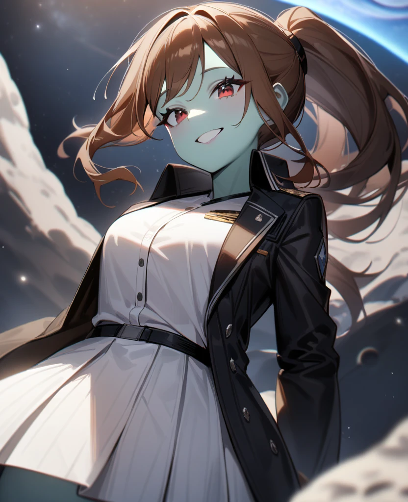 1girl,solo,red eyes,((brown hair:1.5)),ponytail,((pale green skin)), black military coat, white skirt, white shirt,cowboy shot,on moon, blue and grey ringed planet in sky,Science fiction,ultra-detailed,sharp focus,aesthetic,(best quality) smiling, giantess