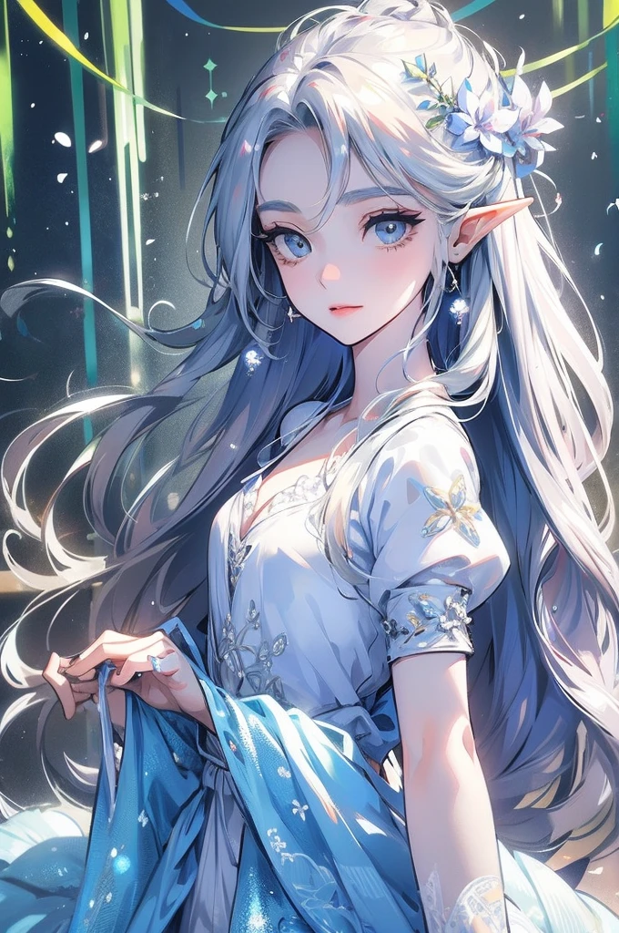((Highest quality)), ((masterpiece)), (detailed), One girl, The background is the sea、The weather was sunny.、Silver hair straight long hair、Parallel thin eyebrows、Double droopy eyes、Thin lips、Small nose、Blue Eyes、Long eyelashes、Delicate appearance、Illustration seen from the front、The facial expression is a closed-mouth smile.、A white dress with little exposure、Elf、