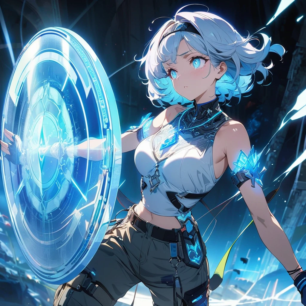 Create an image of a gentle girl with short, silvery-blue hair wearing a fitted, high-collar, long-sleeved shirt with glowing runic patterns, slim-fit cargo pants, fingerless gloves with LED strips, articulated knee guards, and sturdy, glowing-trim combat boots; she has a high-tech headband, (nude:0.8) a silver necklace with a crystal pendant, and a wrist-mounted holographic projector, and she is generating a large, translucent energy shield with intricate, glowing blue patterns, standing in a dynamic yet gentle pose with a dark, dramatic background illuminated by blue light and energy waves, detailed gorgeous face| anime style| key visual| intricate detail| highly detailed| breathtaking| vibrant| panoramic| cinematic| Carne Griffiths| Conrad Roset| gibbli 8