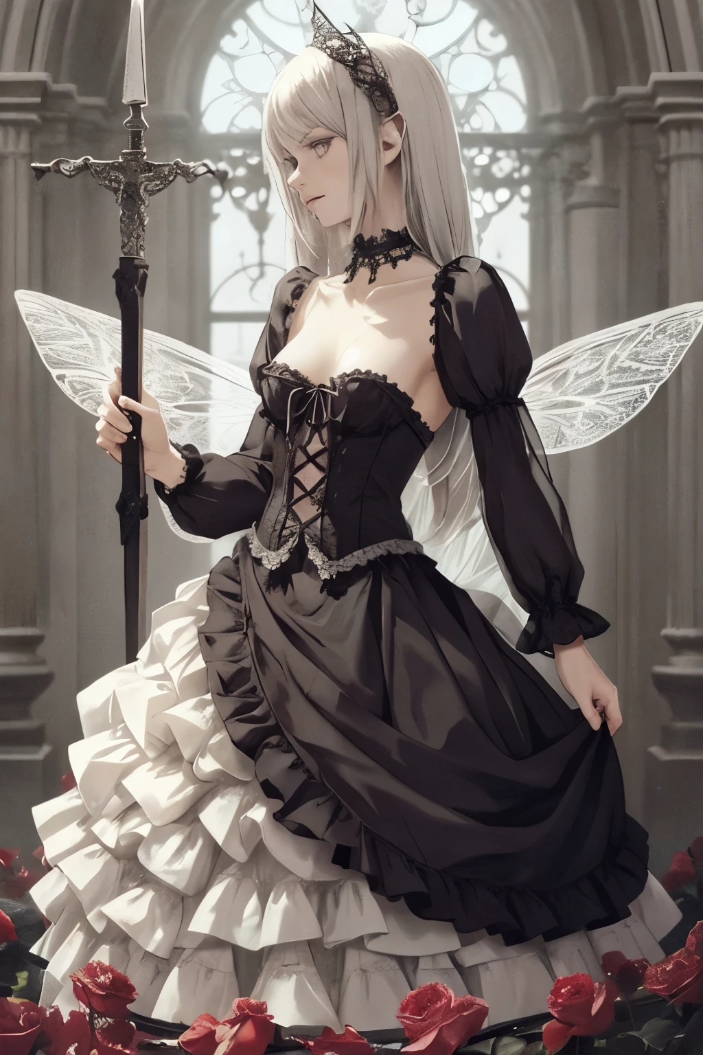 ((best quality)), ((masterpiece)), (detailed), 1girl, NSFW, long white grey hair, grey white eyes, very skinny, detailed, best quality, prominent collarbones, skinny arms, flat stomach, visible hip bones, small breasts, full body, red and white clothing, occult aesthetic, occult, detailed and intricate steampunk and detailed gothic, NSFW, Fluttering lace flared long knee length dress with frilly petticoats, knee length dress, pleated petticoats, petticoats gothic, complex lace boots, gothic aesthetic, wielding a mighty sword with mechanical components, mandalas, small breasts, a fairy, various different types of insect wings, bug wings, beetle wings, NSFW, full body, whole body, body, chains,