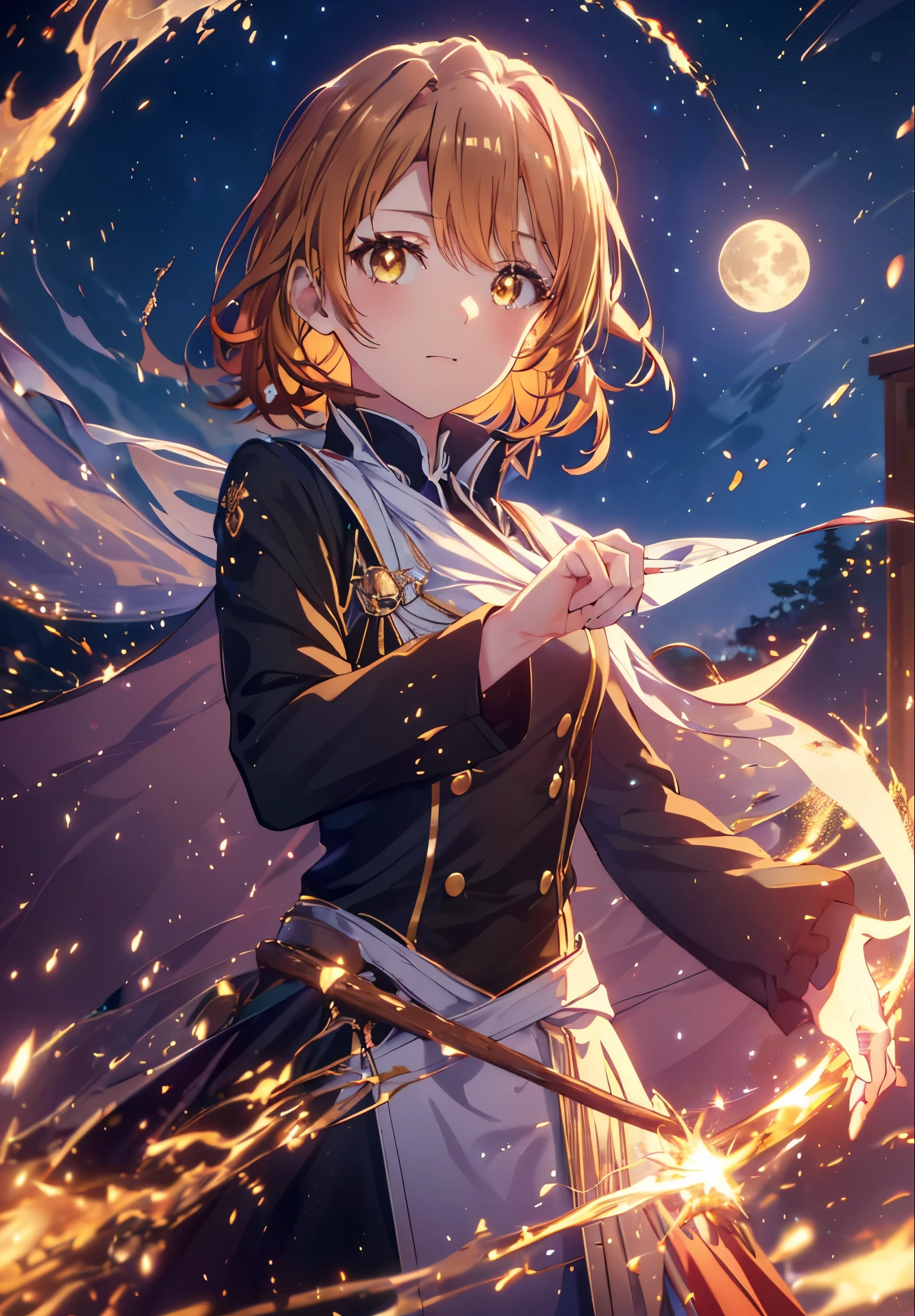 Irohaisshiki, isshiki iroha, short hair, Brown Hair, (Brown eyes:1.5), smile,He has a jeweled staff grip in his open right hand.,((Night Sky)),((Big full moon)),((Sparkling and colorful stars)),Fluffy hair,((Idol style costume with soft volume)),Long skirt,((witch)),ability　inflammation,
break outdoors, forest,forest
break looking at viewer,Upper Body,
break (masterpiece:1.2), Highest quality, High resolution, unity 8k wallpaper, (shape:0.8), (Narrow and beautiful eyes:1.6), Highly detailed face, Perfect lighting, Highly detailed CG, (Perfect hands, Perfect Anatomy),