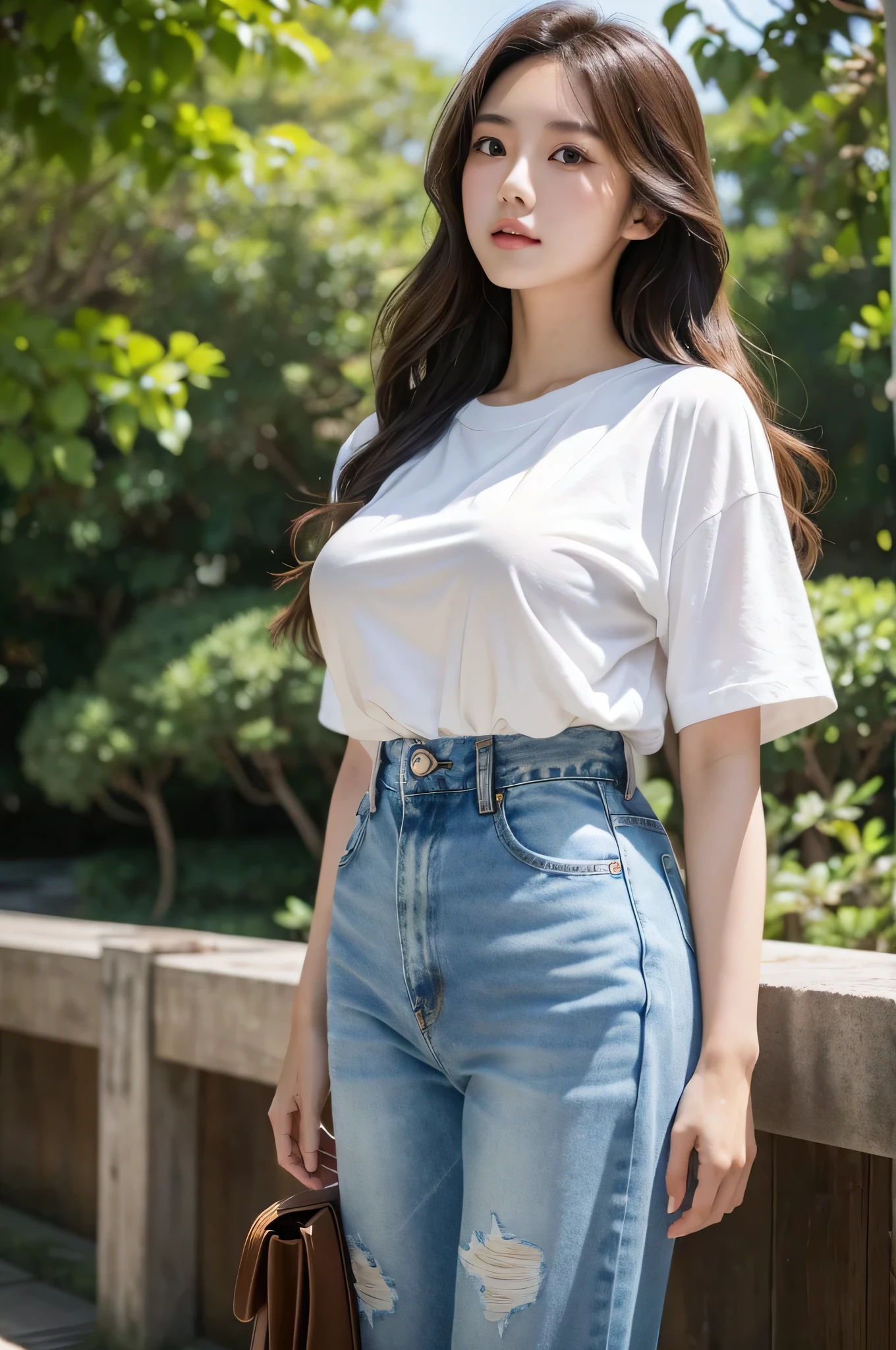 A young Japanese woman with big breasts and long wavy brown hair, wearing a white T-shirt and short denim jeans, standing in a park by the sea. Extremely detailed beautiful face, cinematic photo.