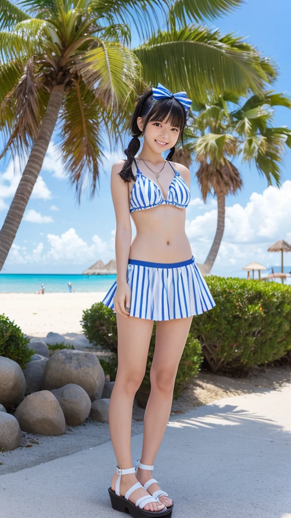 Japanese, brown eyes, smiling, high school girl, black hair, pigtails, blue ribbon hair accessory, striped bikini, white sandals, large breasts, necklace, nostalgic scenery, blue sky and white cumulonimbus clouds, standing in front of a palm tree, resort island, seaside park, sandy beach, water's edge, gravure photo shoot