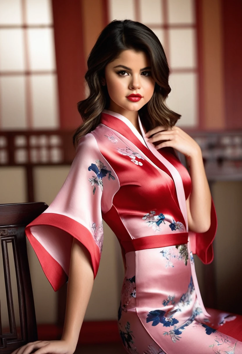 Beautiful  18 year old selena gomez, silk qipao, photorealistic, masterpiece, tight clothes, large breasts, lipstick, beautiful face, seductive, cute, silk kimono, large breasts