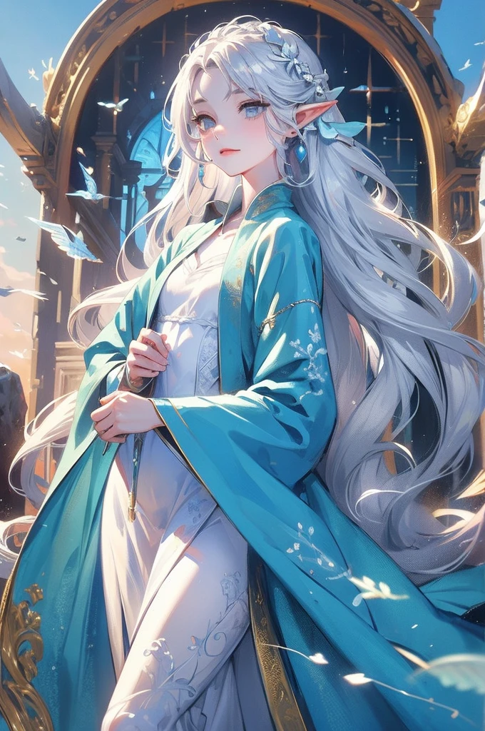 ((Highest quality)), ((masterpiece)), (detailed), One girl, The background is the sea、The weather was sunny.、Silver hair straight long hair、Parallel thin eyebrows、Double droopy eyes、Thin lips、Small nose、Blue Eyes、Long eyelashes、Delicate appearance、Illustration seen from the front、The facial expression is a closed-mouth smile.、A white dress with little exposure、Elf、