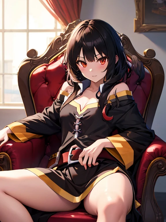 Throne of Power, Leg spread, (masterpiece), highest quality, Megumin, 1girl, uhd, retina, masterpiece, ccurate, anatomically correct, textured skin, super detail, high details, high quality, best quality, highres, 4K