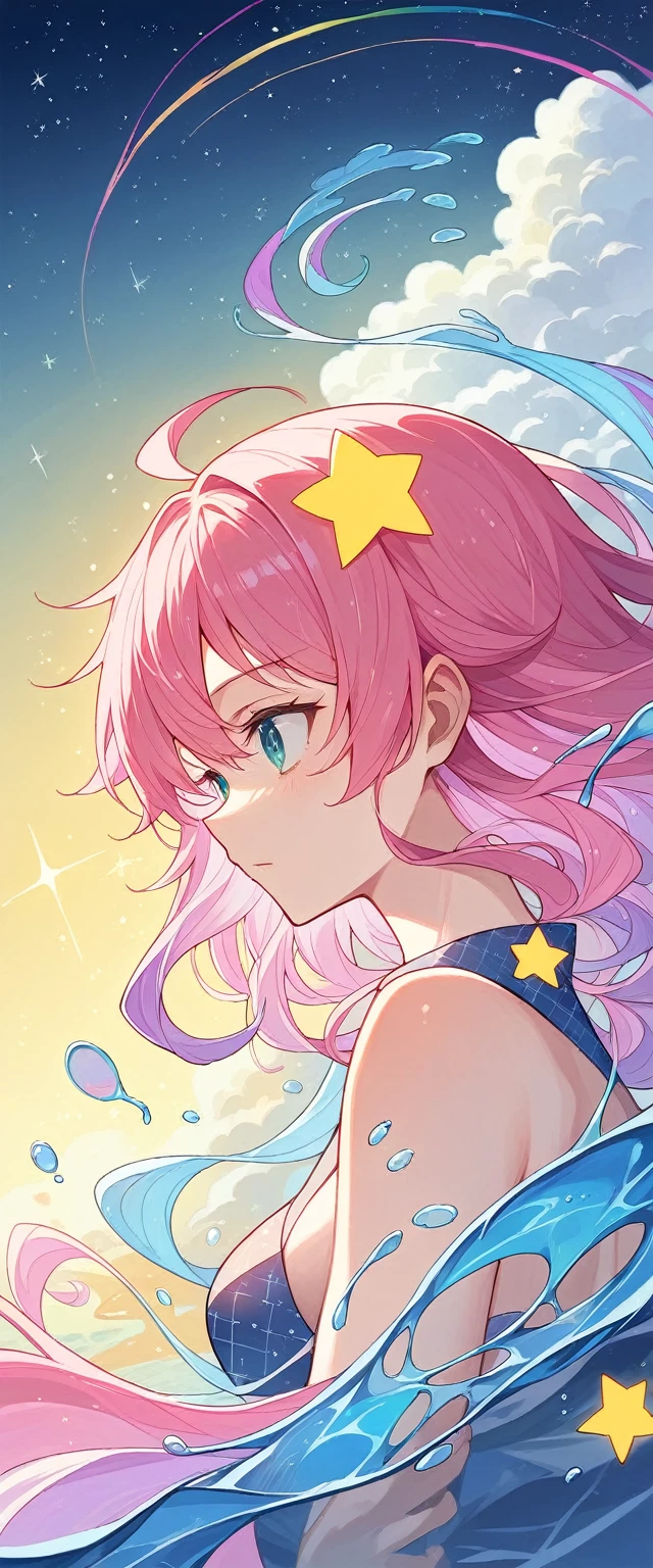 masterpiece,Highest quality,Highest quality,water彩(curly),Official Art,Beauty and aesthetics:1.2),(One girl:1.3),(Fractal Art:1.3),Upper body,View from the side,View your viewers,Patterned,(Rainbow Hair,hair color,Half Blue、Half pink hair:1.2),water,liquid,cloud,colorful,star空の,star,