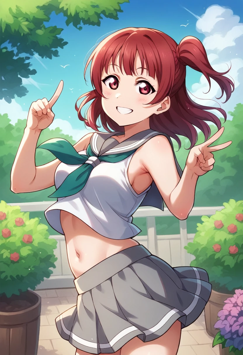 Yoshiko Tsushima love live,serafuku, gray mini skirt, slightly from side, v, armpits,wind  ,navel, breasts, smile , standing, sleeveless , looking at viewer,garden,one side up,arms down, pointing to views 