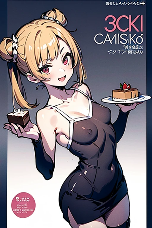 (small breasts:1.2), (perky chest:1.2), (pointed chest:1.2), (Pudding cake magazine cover:1.3),(from above:1.0),(shoot from the side:1.1),masterpiece, 1girl, Amazing Cleavage:1.1, thin waist, optimum,tmasterpiece,hight resolution,best qualtiy,hyper HD,super detailing,awardwinning,a 18yo cute girl,(The upper part of the body),anatomy correct,Beautiful Black miniskirt,garters,Gaze,Small face,bangss,holster,Beautuful Women,hands up,leg holster,Gaze,black boots,Cowboy Shot,cute face,a blond,Longhaire,Twin-tailed,Braids, Hairline,(scarlet eyes),long eyelasher,Hanging eye corners,White skin of the, ((see through camisole:1.1)), ((Sheer nipples:1.0)),Rocket Tits,(Slim body),smile,seductive weak smiling,(with sparkling eyes and a contagious smile),little open mouth, Looking at Viewer,