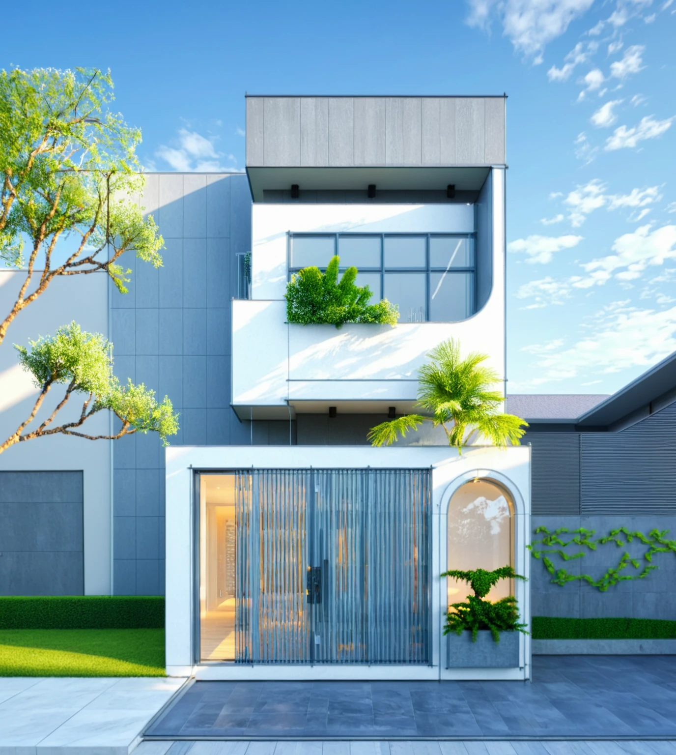 modern villa on street, (daylight), tropical tree, vivid color, streetcapes, nice sky, grey tone, large glass door, warm interior lighting, modern material, best quality, ultra realistic, masterpiece, 17ArchiAI_XL_VL-v1

