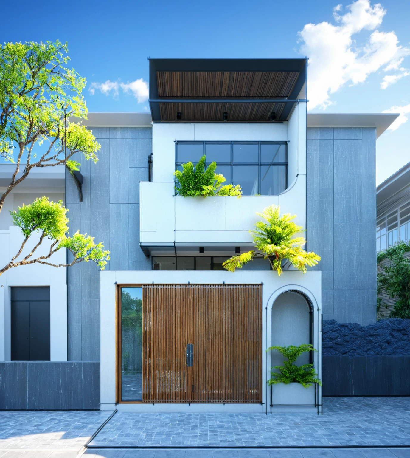 modern villa on street, (daylight), tropical tree, vivid color, streetcapes, nice sky, grey tone, large glass door, warm interior lighting, modern material, best quality, ultra realistic, masterpiece, 17ArchiAI_XL_VL-v1