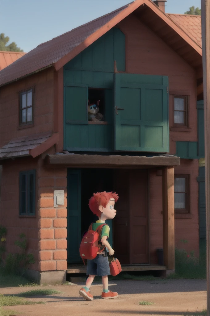 Red kitten going to school with his backpack walking around him blue and green house sad emotion 
