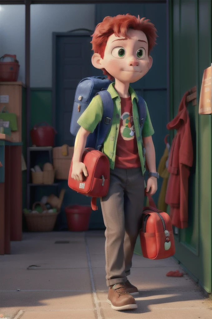 Red kitten going to school with his backpack walking around him blue and green house sad emotion