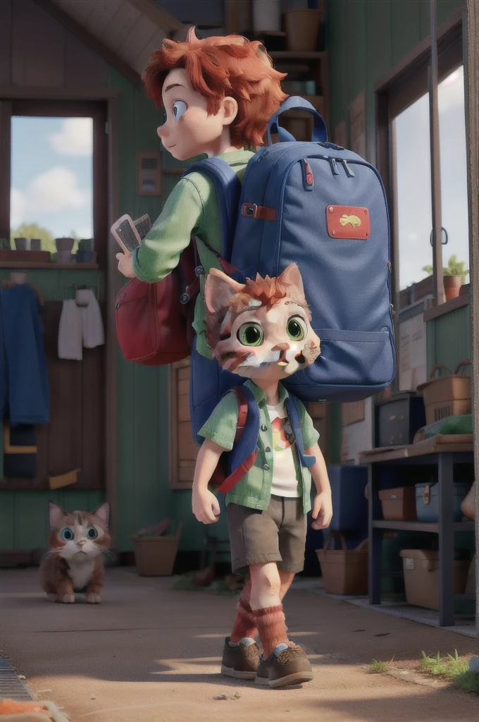 Red kitten going to school with his backpack walking around him blue and green house sad emotion