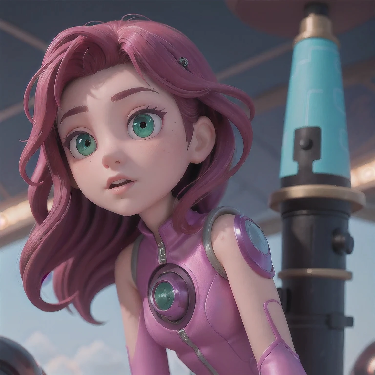 Photo of a college student, Purple Pink, Futuristic space suit, (freckle:0.8) Cute face, Science Fiction, Dystopia, Delicate eyes, Green pupils（（side view））