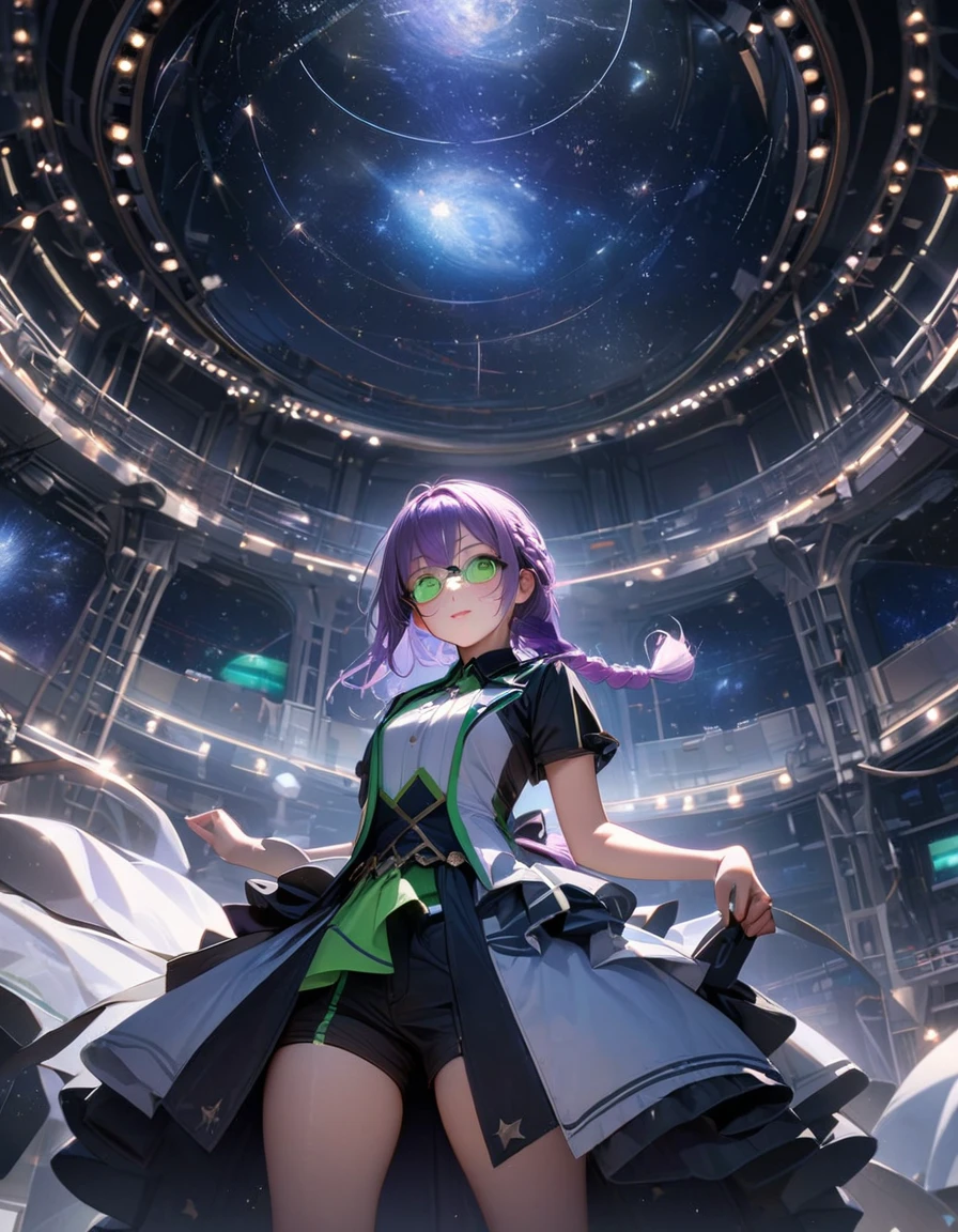 (8K, best quality, master piece: 1.2), super high resolution,1 idol,独奏,yo,ultra-detailed face,detailed eyes,green eyes, intelligent glasses,the girl is singing while standing in the center of the planetarium, where the seats are arranged in a circle<(((long fish-bone braid hair, pony-tail-style))), purple hair,happy, white and green idol costume,The costumes is decorated with black ribbons,Cowboy Shot,Stage Lighting,realistic and beautiful image of the inside of a planetarium, showcasing a dazzling display of stars and constellations on its dom,Galaxy,Dynamic Pose