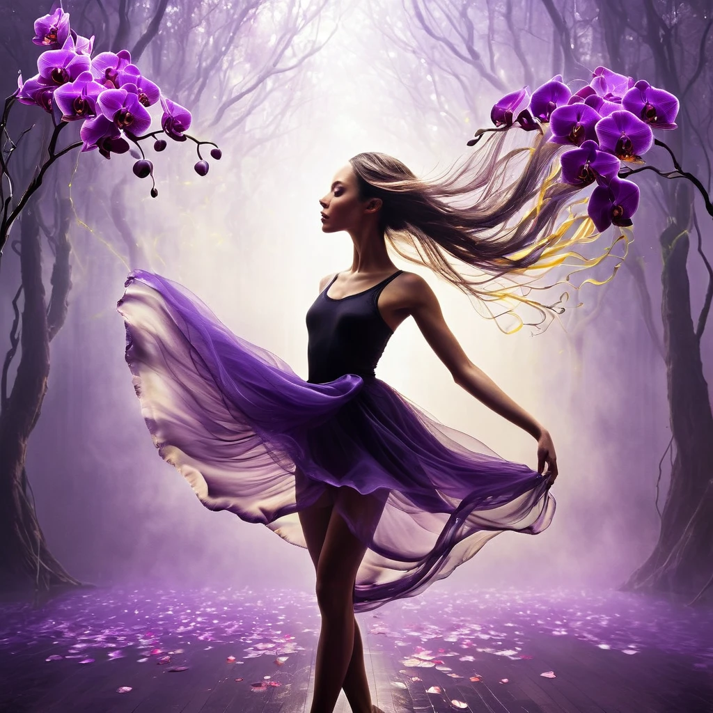 Hyper-realistic retouched drawing in the style of Marc Allante and Alan Aldridge, a black and purple orchid transitioning into a girl with a mystical double exposure, strands of her hair transforming into delicate leaves and petals that flutter with the movement of a ballerina, the scene bathed in magical yellow smoke that snakes through the composition, nature blends perfectly with fantasy in a surreal dance of light and color