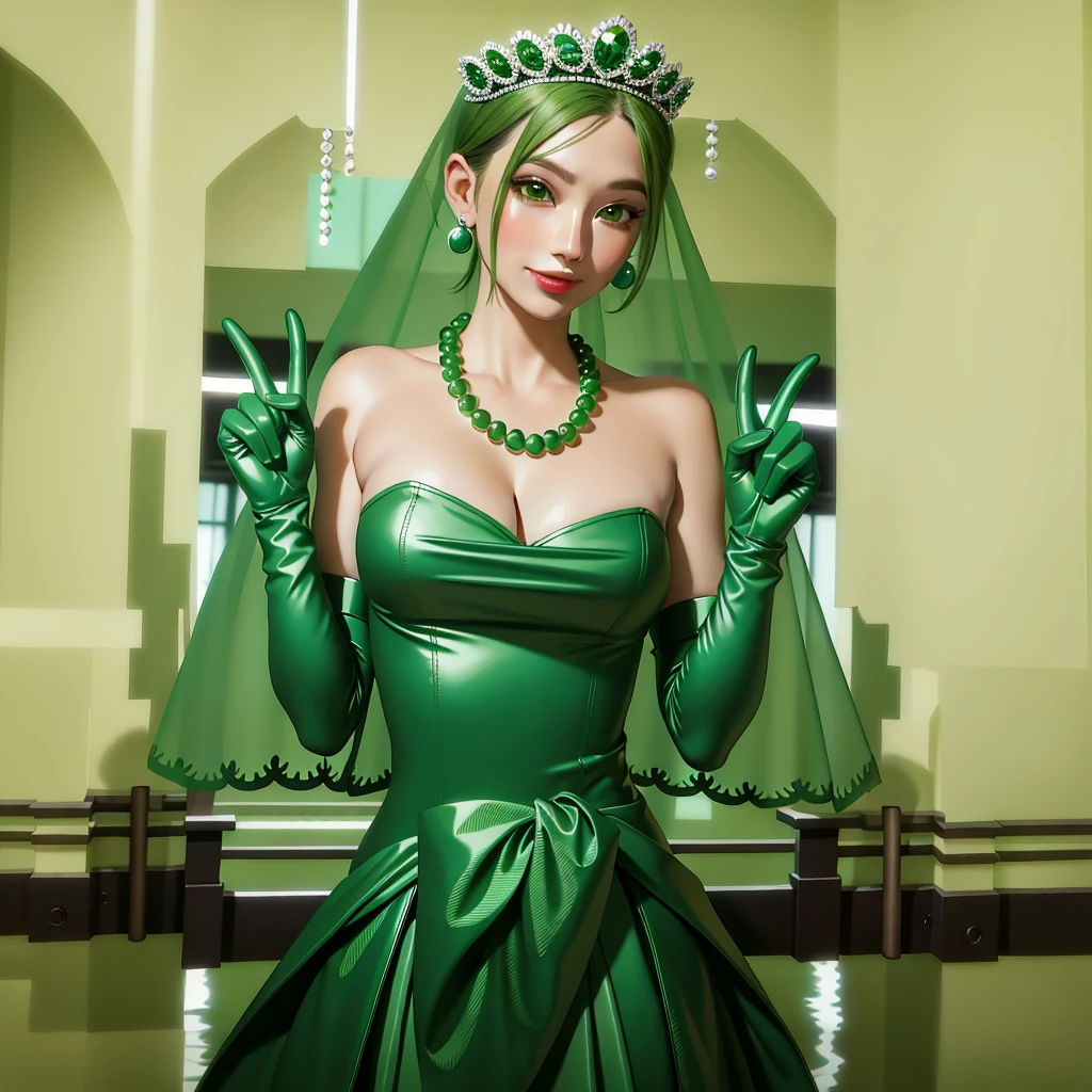 Emerald tiara, Green Pearl Necklace, ボーイッシュな非常に短いGreen Hair, Green Lips, Smiling Japanese woman, Very short hair, Busty beautiful lady, Green Eyes, Green satin long gloves, Green Eyes, Emerald Earrings, Green veil,V sign, Green Hair, Beautiful Japanese Woman, green lip gloss