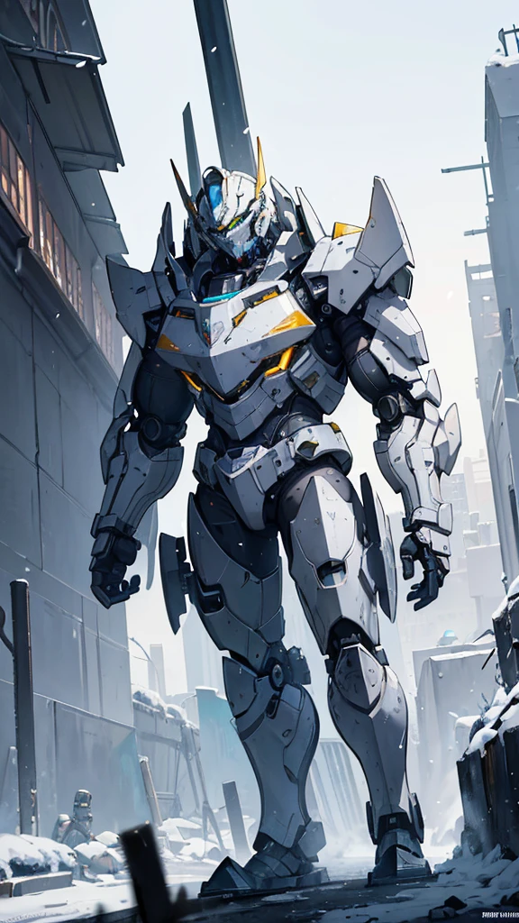(((masterpiece))),16K,best quality,, 1 Boy, armor, clasped hands, full armor, luminescent, luminescent eyes, helmet, Male focus, , power armor, alone, Permanent,Snow falling all around,Doomsday,Gray mecha,urban ruins,Reinforced armor,Wearing a large mecha suit