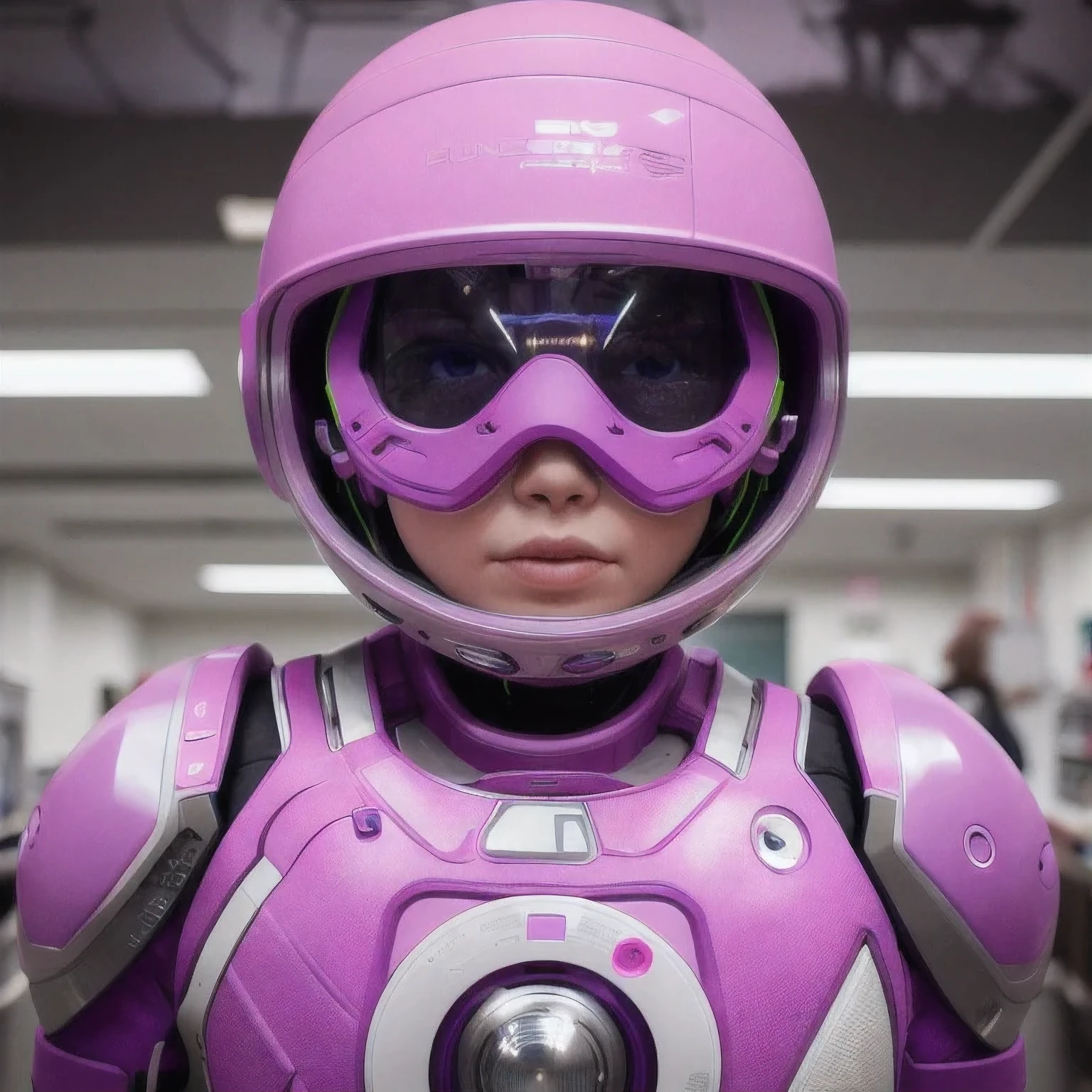 Photo of a college student, Purple Pink, Futuristic space suit, (freckle:0.8) Cute face, Science Fiction, Dystopia, Delicate eyes, Green pupils（（side view））