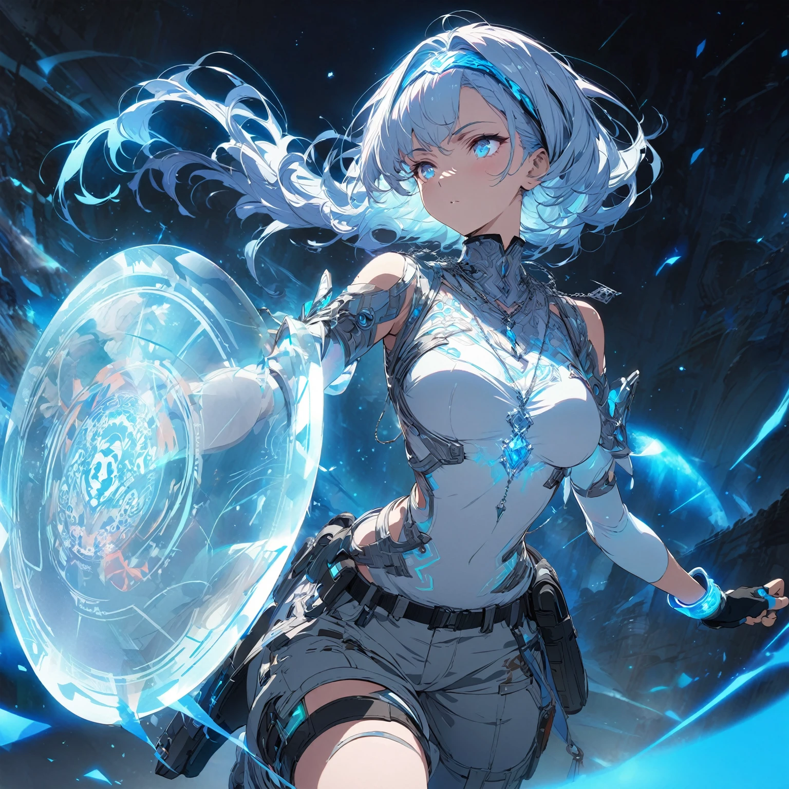 Create an image of a gentle girl with short, silvery-blue hair wearing a fitted, high-collar, long-sleeved shirt with glowing runic patterns, slim-fit cargo pants, fingerless gloves with LED strips, articulated knee guards, and sturdy, glowing-trim combat boots; she has a high-tech headband, (nude:0.8) a silver necklace with a crystal pendant, and a wrist-mounted holographic projector, and she is generating a large, translucent energy shield with intricate, glowing blue patterns, standing in a dynamic yet gentle pose with a dark, dramatic background illuminated by blue light and energy waves, detailed gorgeous face| anime style| key visual| intricate detail| highly detailed| breathtaking| vibrant| panoramic| cinematic| Carne Griffiths| Conrad Roset| gibbli 8