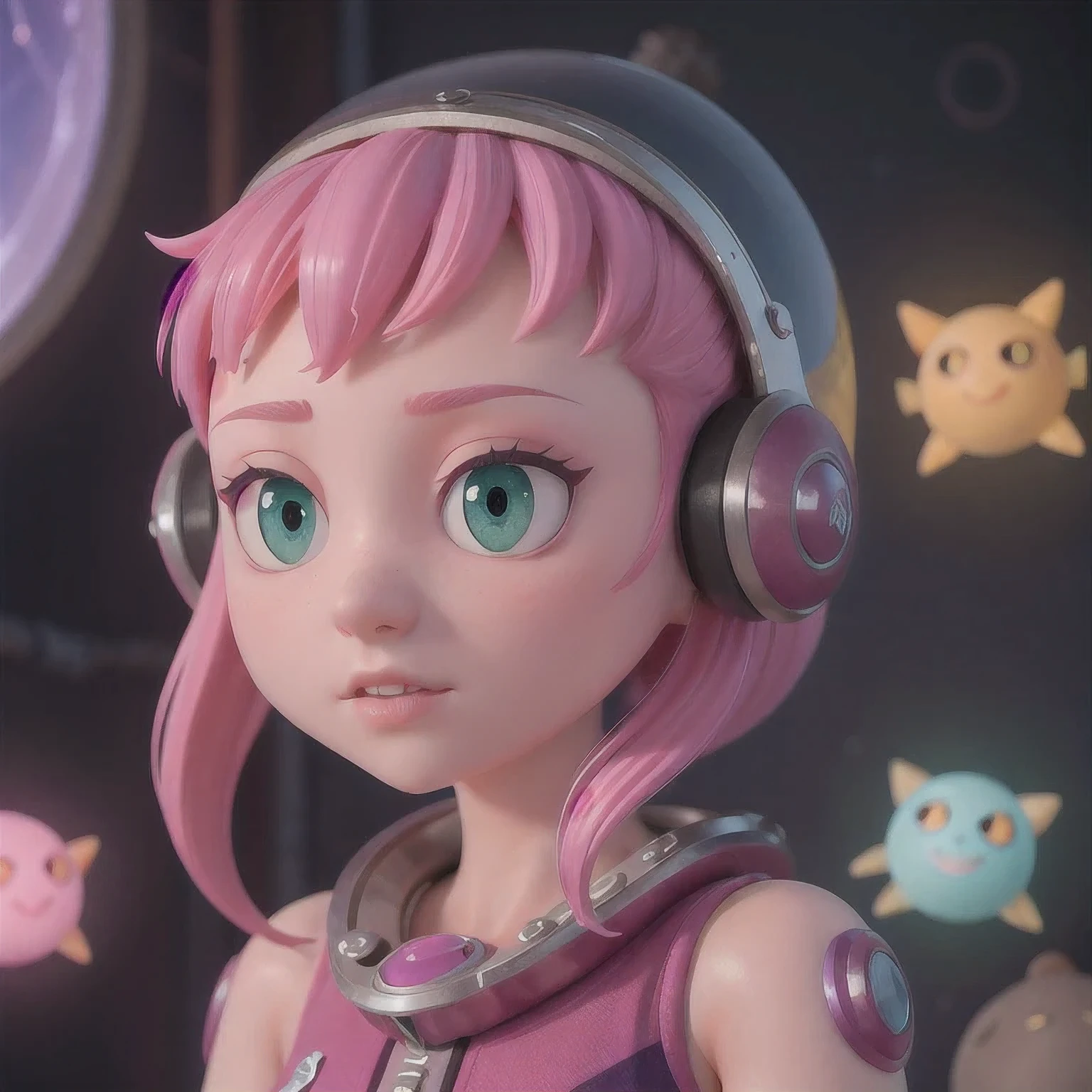 Photo of a college student, Purple Pink, Futuristic space suit, (freckle:0.8) Cute face, Science Fiction, Dystopia, Delicate eyes, Green pupils((side view))