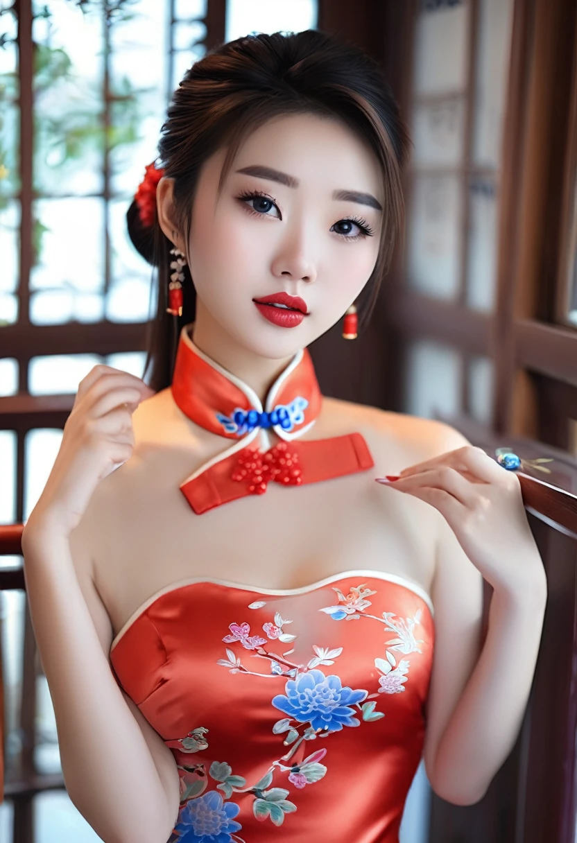 Beautiful Chinese 18 year old woman, blue silk qipao, photorealistic, masterpiece, tight clothes, large breasts, lipstick, beautiful face, seductive, cute, 