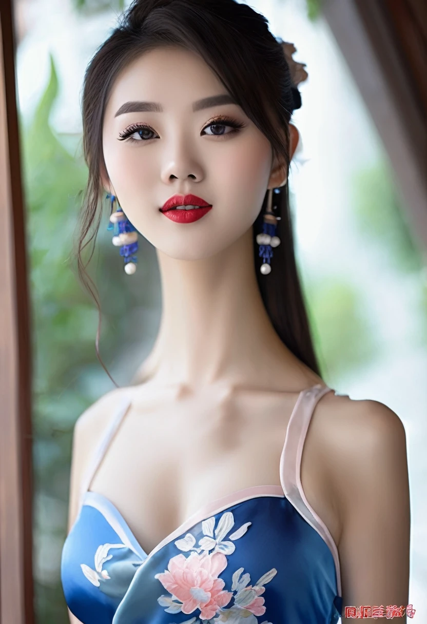 Beautiful Chinese 18 year old woman, blue silk qipao, photorealistic, masterpiece, tight clothes, large breasts, lipstick, beautiful face, seductive, cute, 